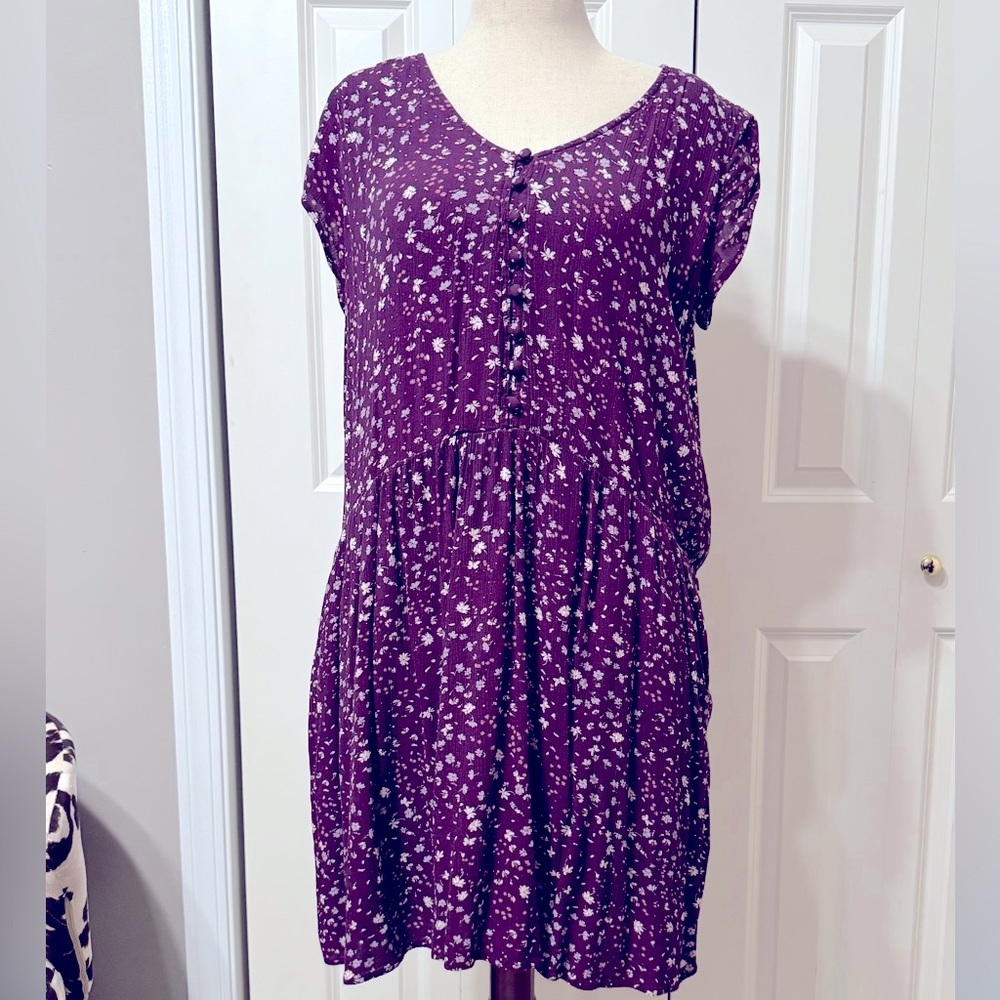 Garnet Hill EUC❤️Purple Floral Crepe Dress Gathered Drop Waist w/ pockets.